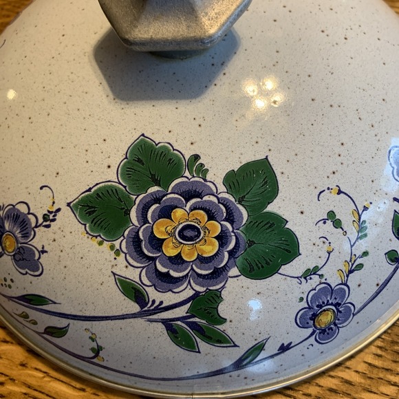 Vintage Asta Germany Enamel Cookware Small Pot 8.5" Diameter Blue Flowers - Picture 10 of 12